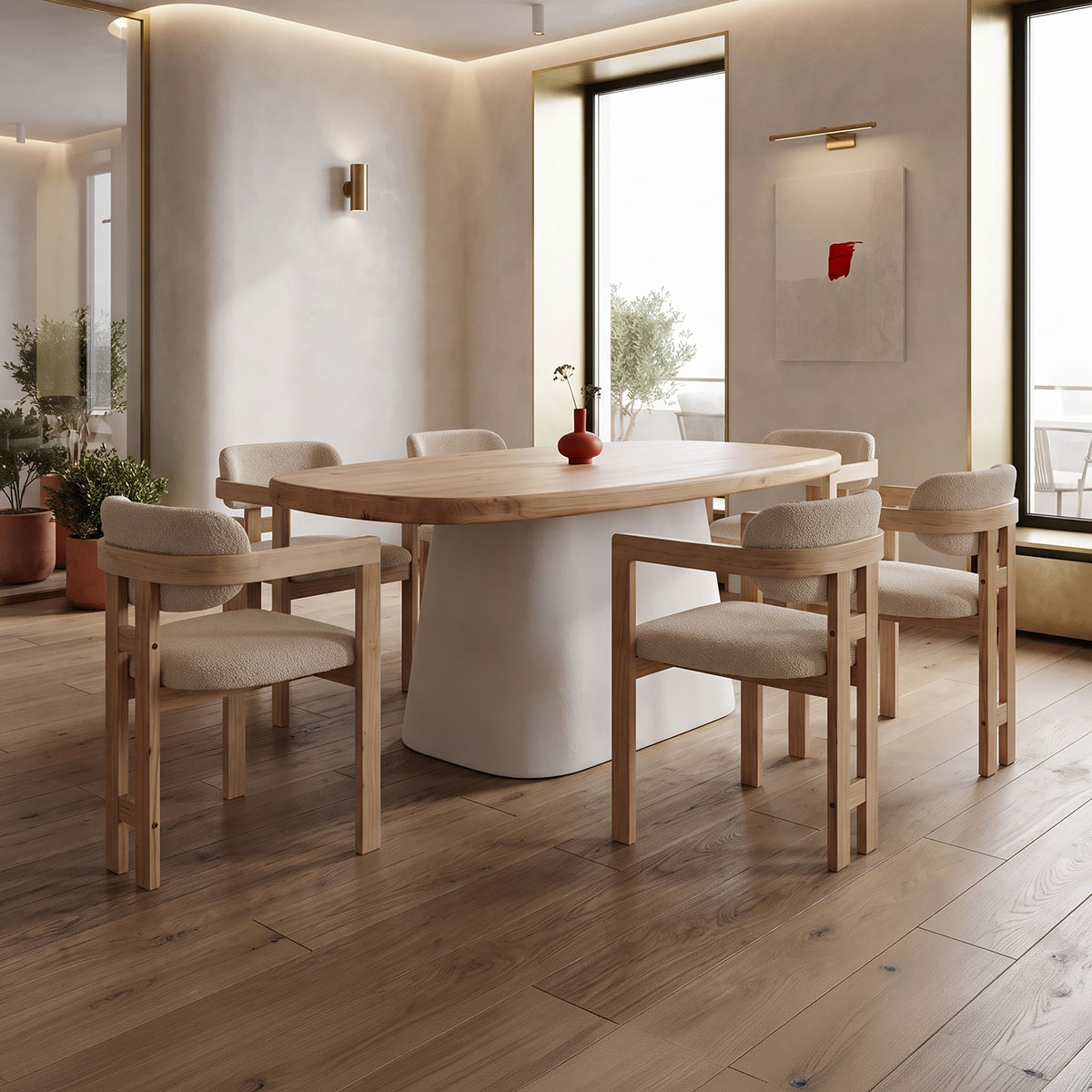 200-002102 Dining set with Winsor beige Armchairs and Fessen Table white in natural shade 180x90x78cm Set 7pcs - Image 1