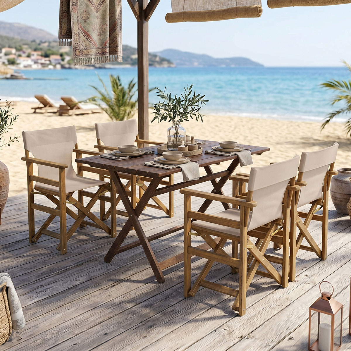 Retto dining set 5 pcs solid beech wood walnut fabric-beige grey 100x60x71cm Retto dining set 5 pcs solid beech wood walnut fabric-beige grey 100x60x71cm - Image 1