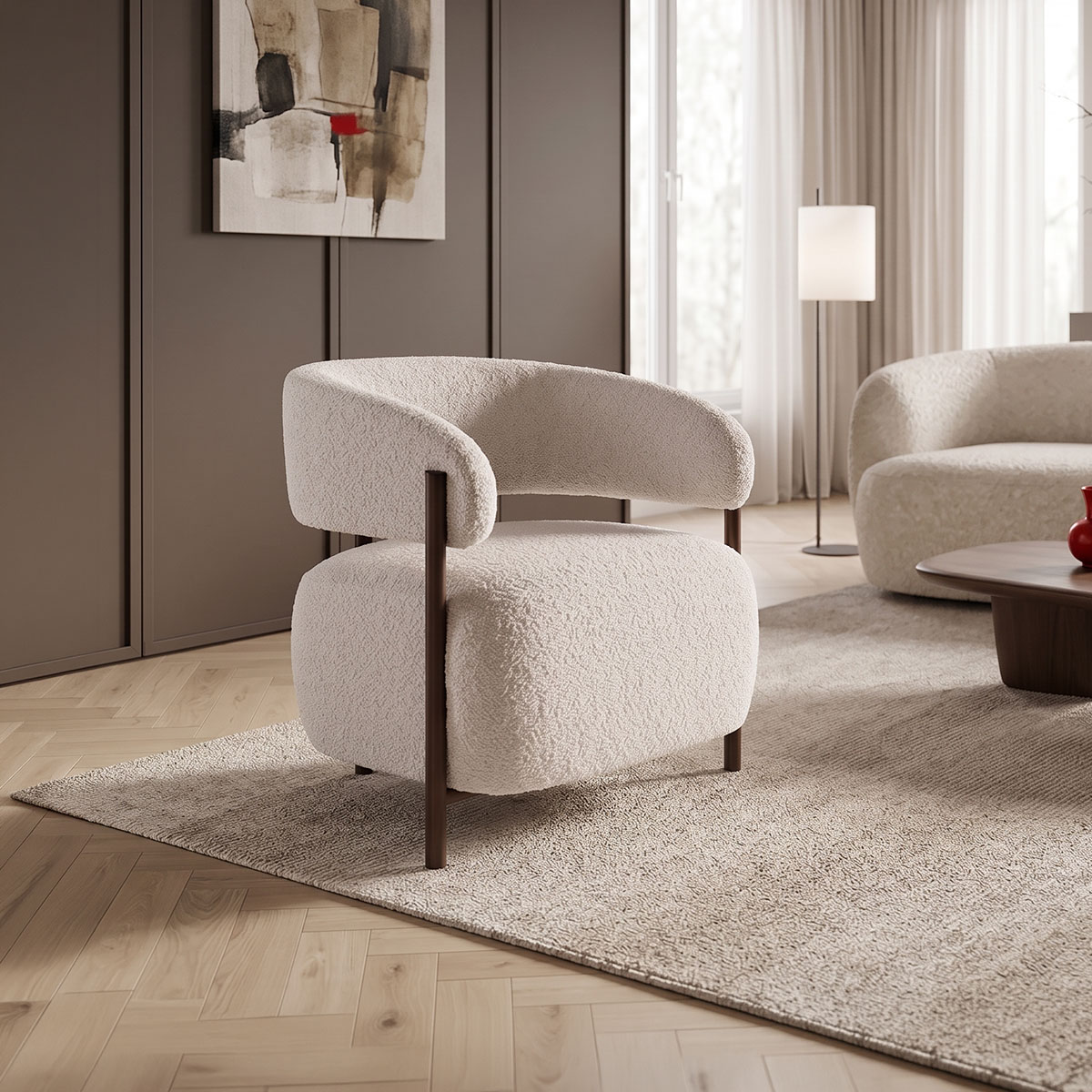 255-000094 Melita armchair beige boucle with brown metal leg 68.5x65x69cm - Слика 1