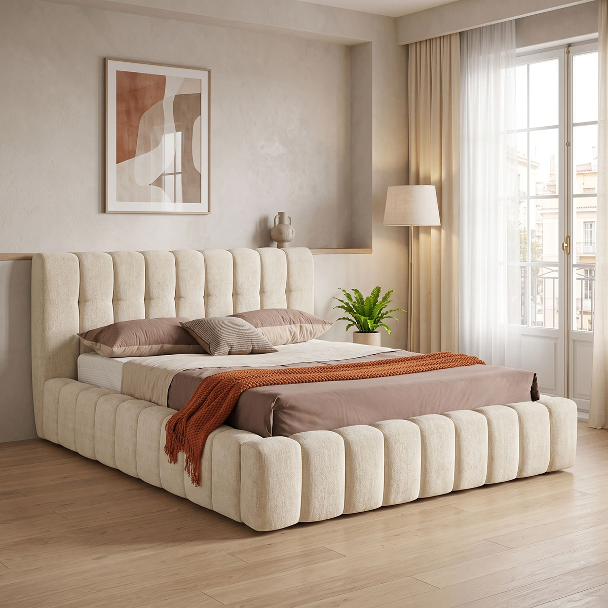 279-000026 Double bed Vilou with storage space ecru fabric 160x200cm - Слика 1
