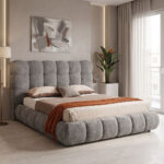 Double bed Abena grey boucle fabric with storage space 160x200cm