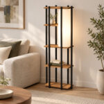 Floor lamp with shelves Lumna oak with black metal 45x24x150cm
