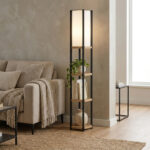Floor lamp with shelves Starda oak with black metal 25x25x150cm