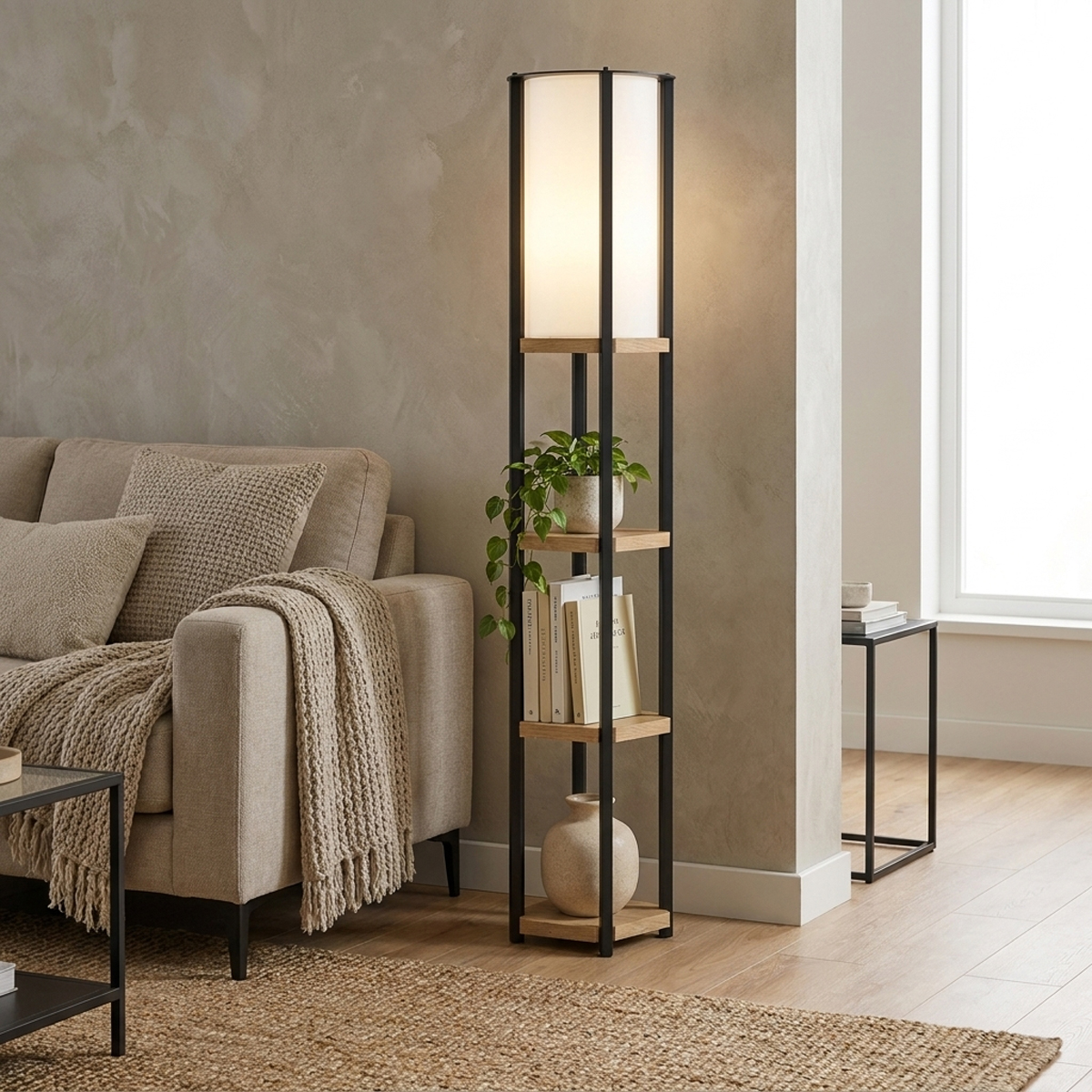 321-000135 Floor lamp with shelves Starda oak with black metal 25x25x150cm - Слика 1