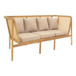 3-seater sofa Jenta teak wood with rattan in natural color and beige cushions 203x67x92cm
