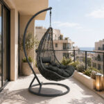 Nest swing with Soleil base black metal- natural pe rattan with black cushion 120x95x195cm