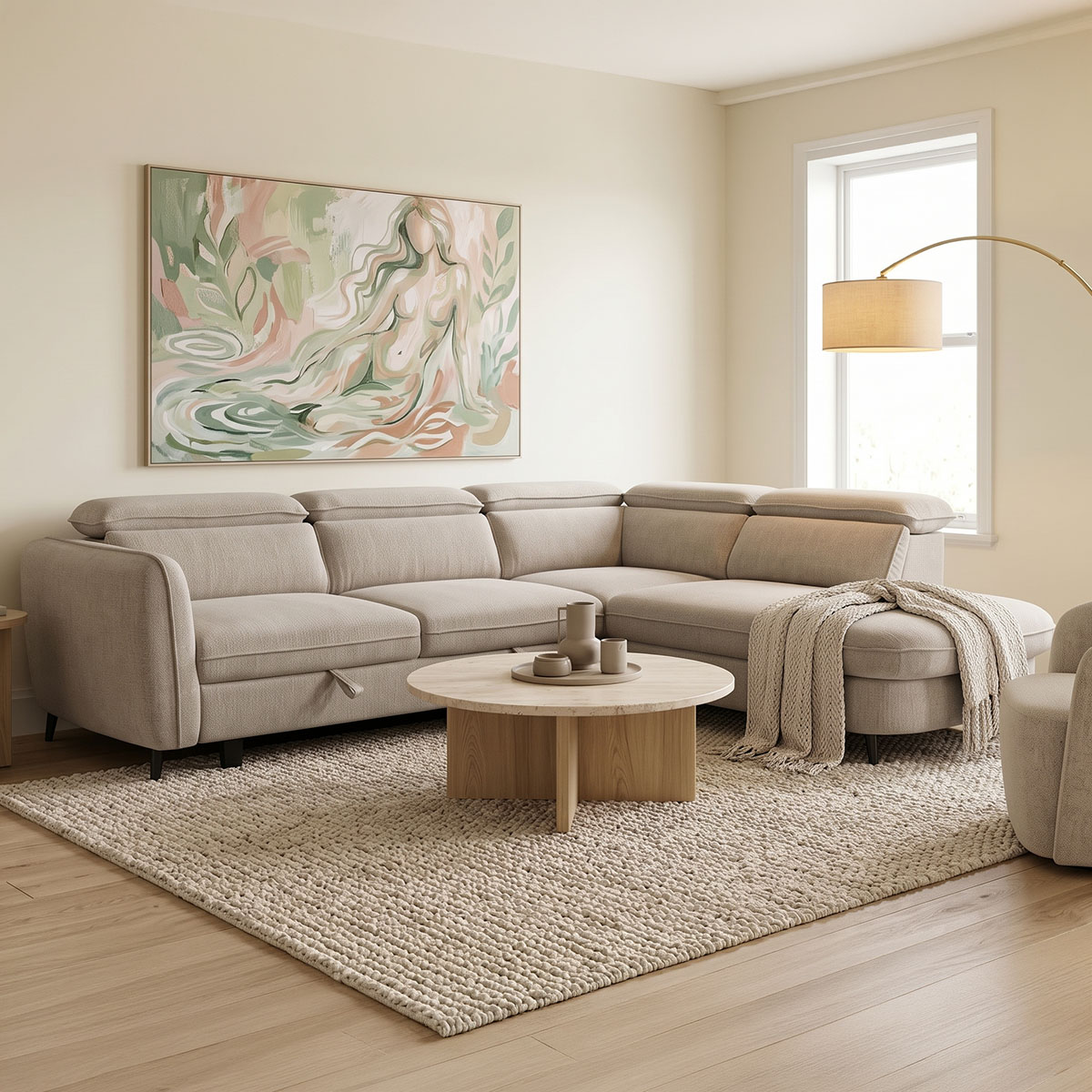 371-000039 Left corner sofa-sofabed Napia beige fabric 249x210x98cm - Image 1