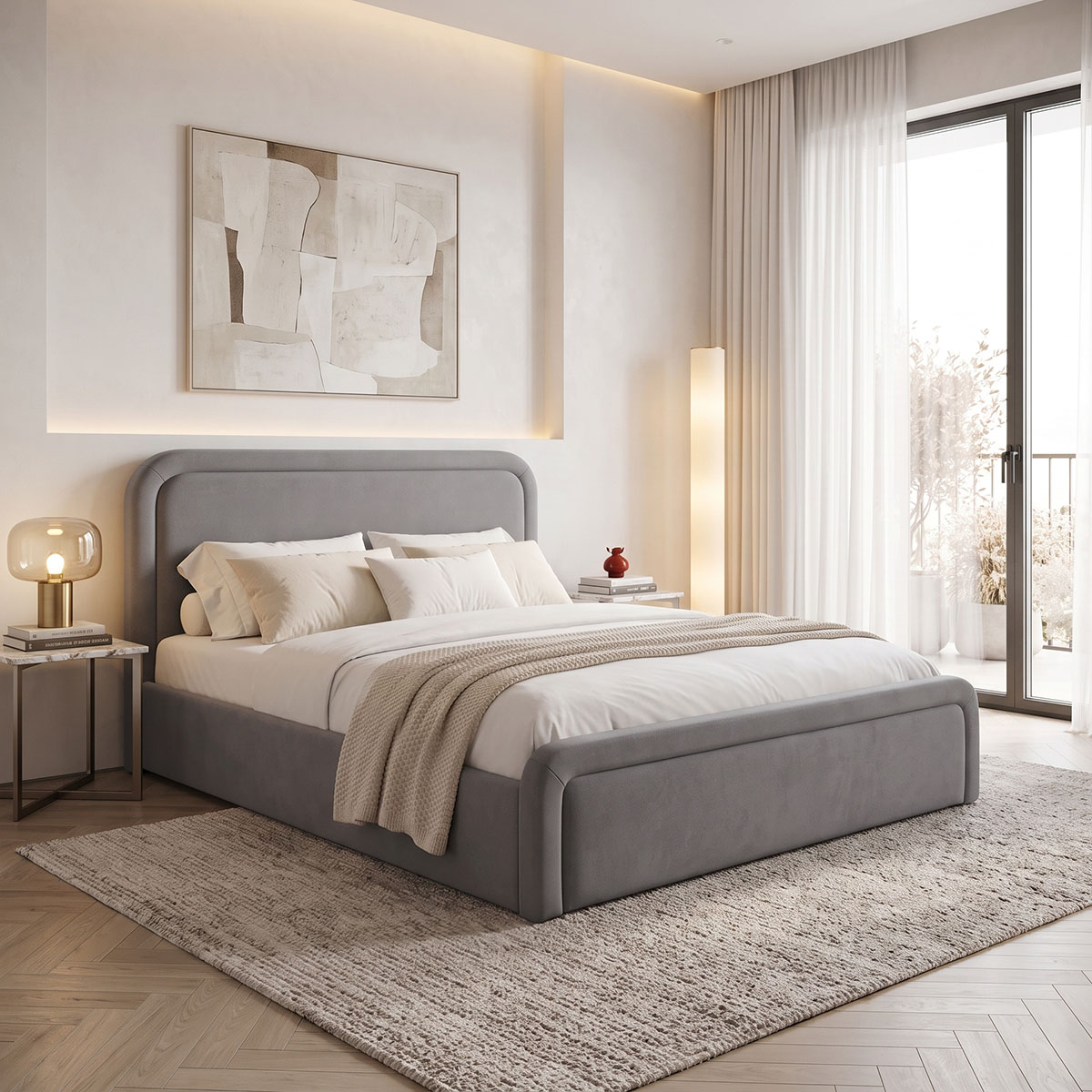 388-000038 Double bed with storage space Bendy anthracite fabric 160x200cm - Image 1