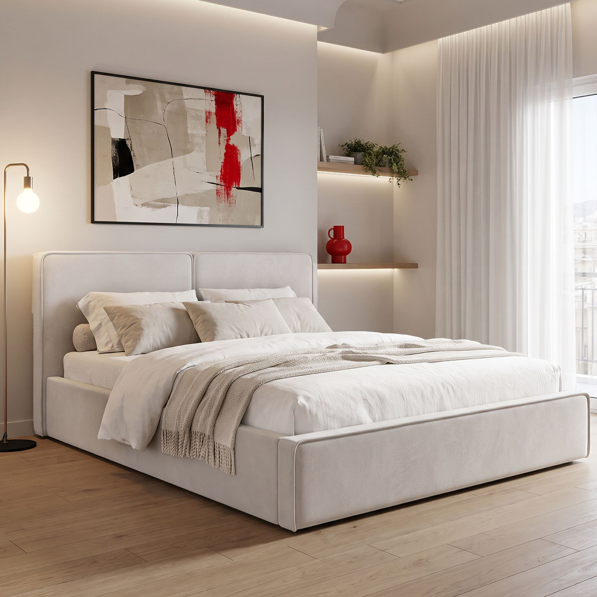 388-000043 Double bed Zento gray beige fabric 160x200cm - Слика 1