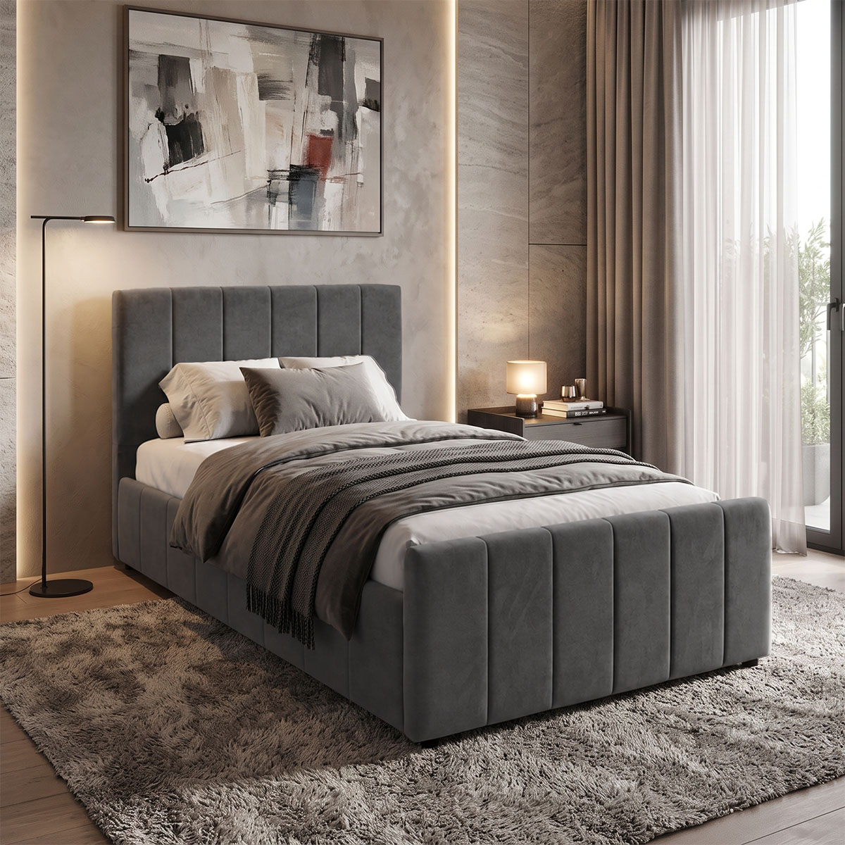 388-000045 Single bed Doulia anthracite velvet 100x200cm - Слика 1