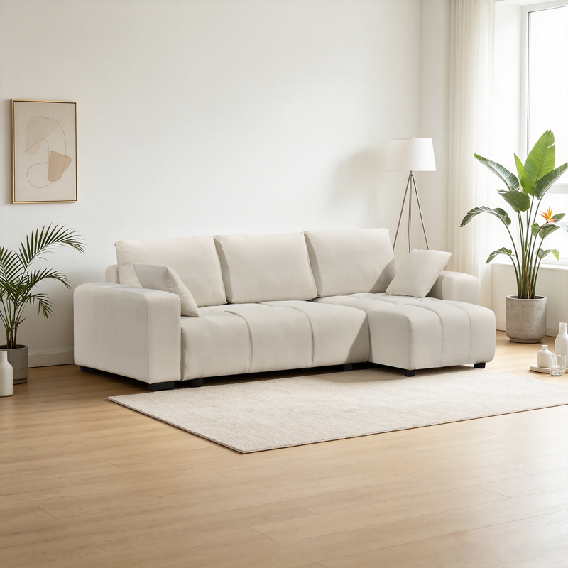 389-000017 Corner sofa bed reversible corner Belda with storage space cream fabric 246x138x82cm - Image 1