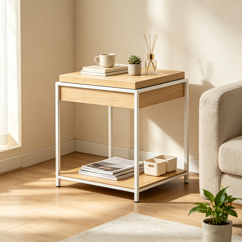 431-000009 Side table Odar with storage space sonoma MDF with white metal 51x51x60cm - Image 1