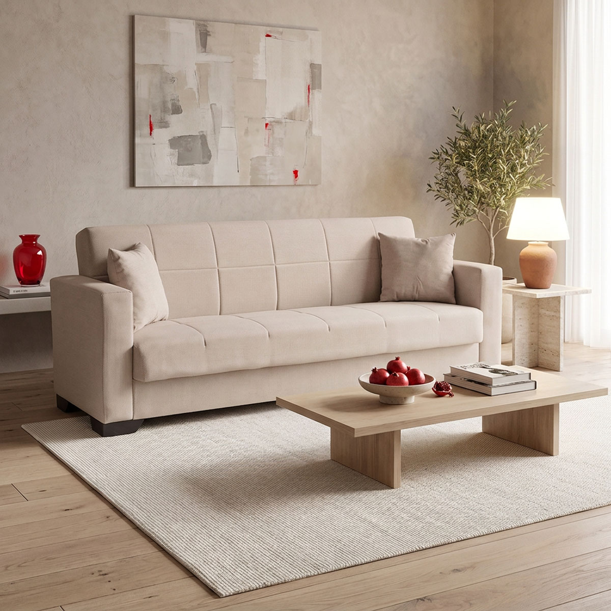 Vox Sofa bed three seater with storage space beige fabric 210x84x83cm Vox Sofa bed three seater with storage space beige fabric 210x84x83cm - Image 1